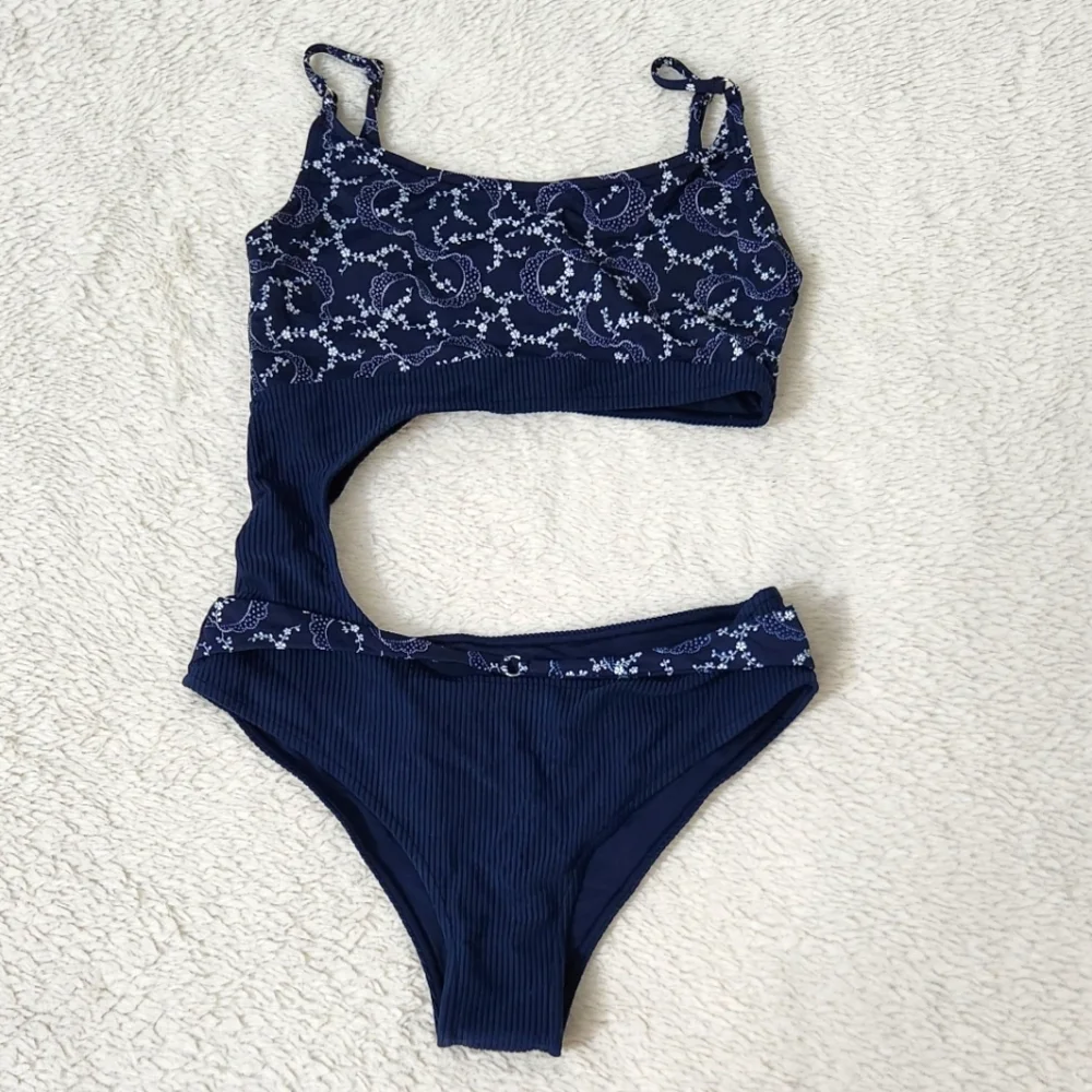 New!Frankie's Bikinis Blue Thea Ribbed One-Piece‎ Swimsuit
